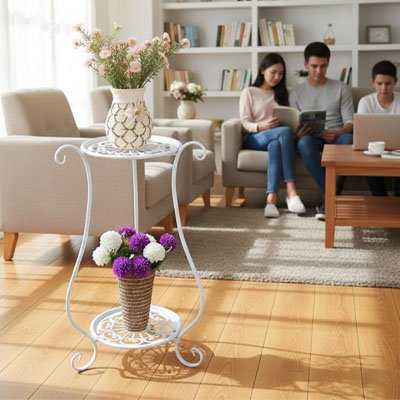 porte plantes blanc 2 niveaux