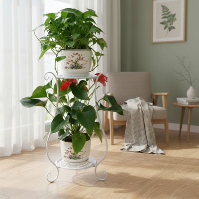porte plantes volutes blanc 2 niveaux