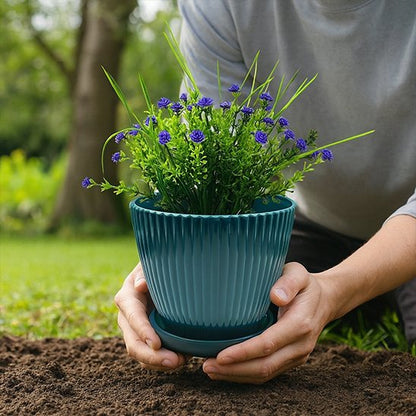pot de fleurs bleu strie soucoupe assortie 