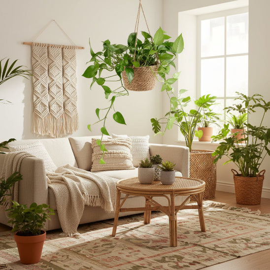 Pothos dans un cache pot en jute -suspendu