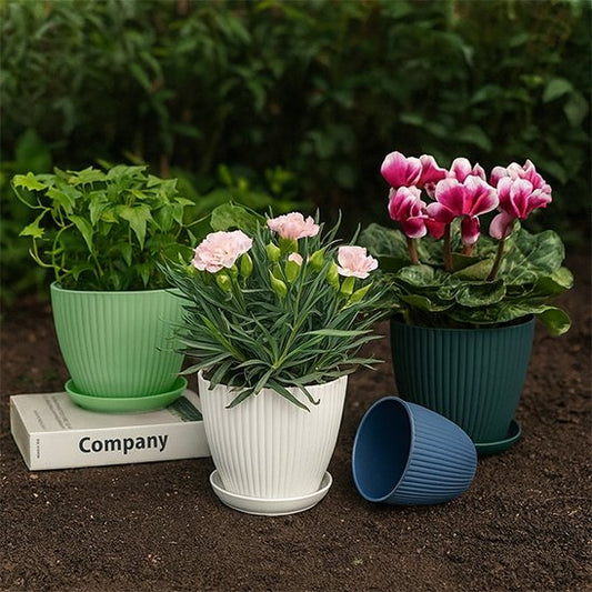 pots de fleurs bleu verts blanc striés