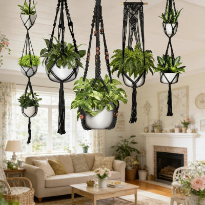 suspension plante macramé noir salon